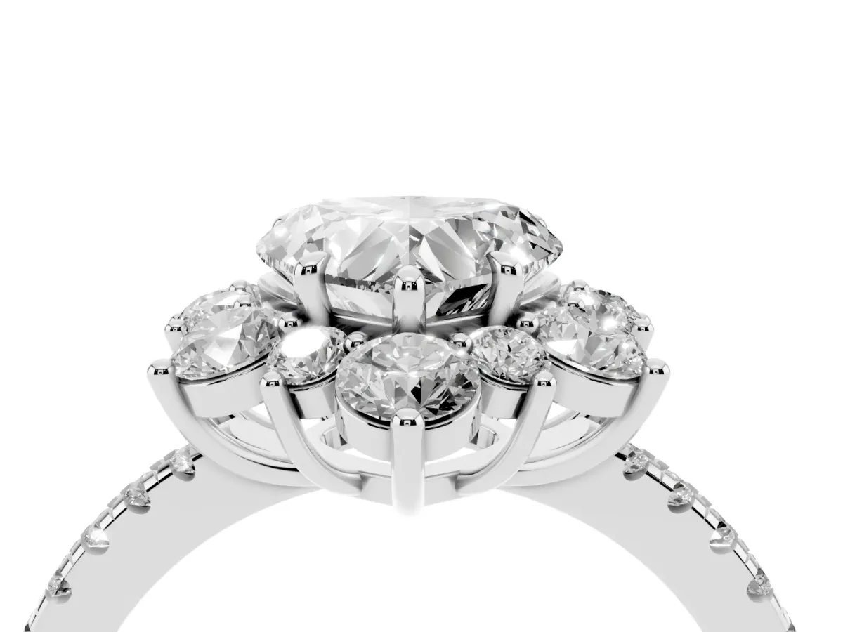 Heart Cut Diamond Floral Halo Ring with Round Pavé Band and Prong Setting Silver