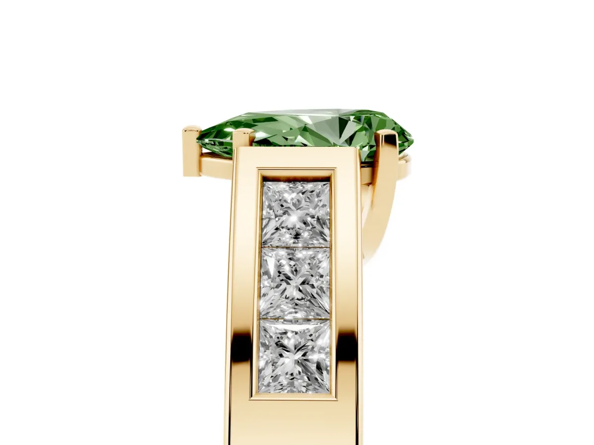 Fancy Green Pear Cut Cut Channel Set Solitaire Ring with Four-Prong Setting Yellow gold