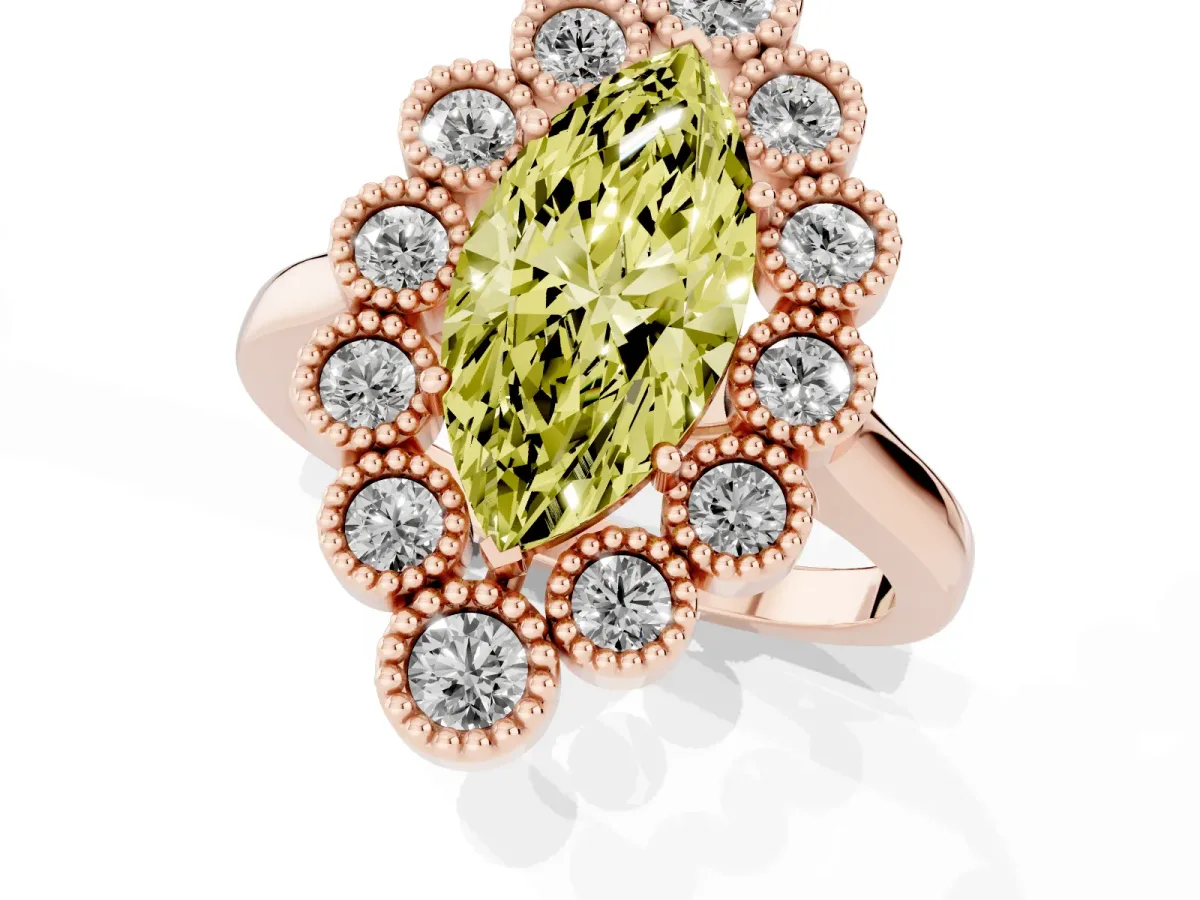Fancy Yellow Marquise Cut Halo Diamond Cluster Engagement Ring with Milgrain Bezel Setting and Solitaire Band Rose gold