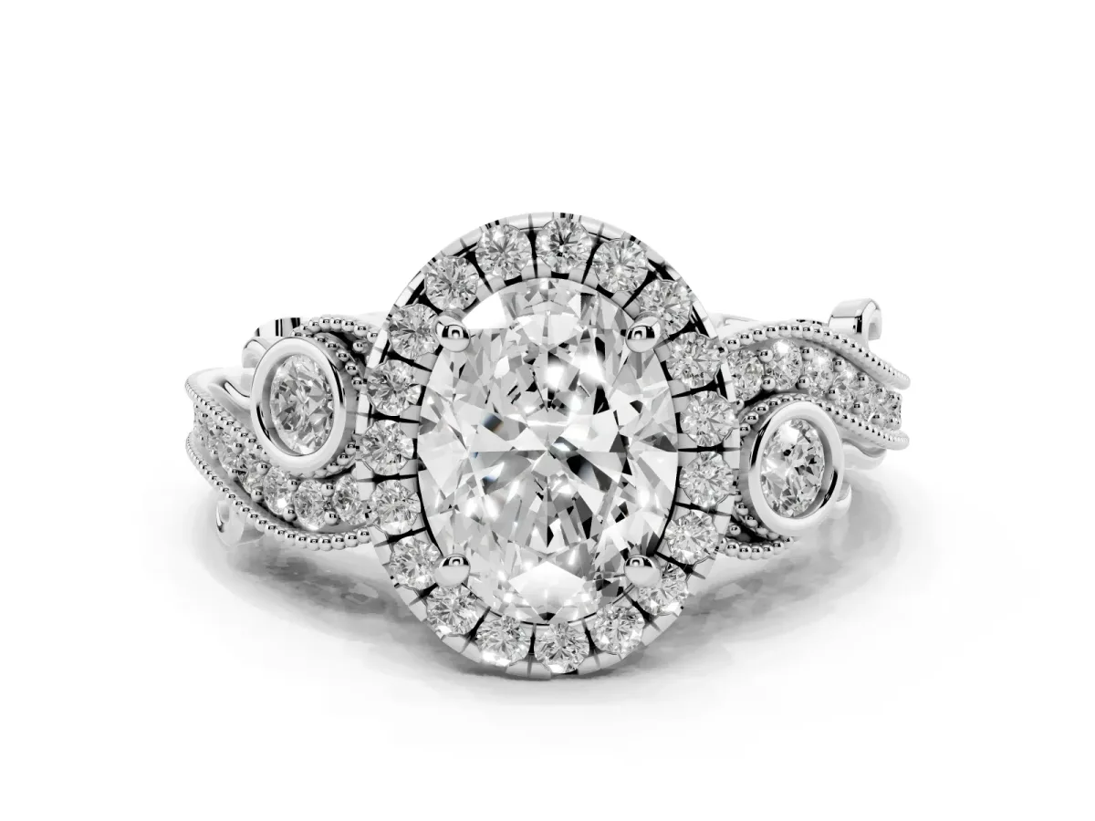 Oval Cut Halo Diamond Ring with Milgrain and Bezel Accents on a Split Shank Band Silver