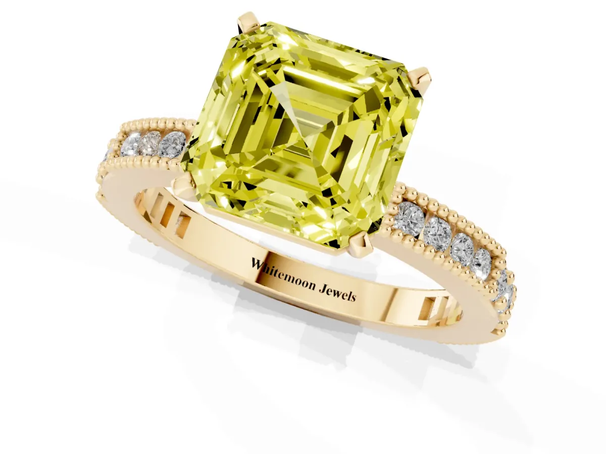 Fancy Yellow Asscher Cut Solitaire with Pavé Band and Four-Prong Setting Yellow gold