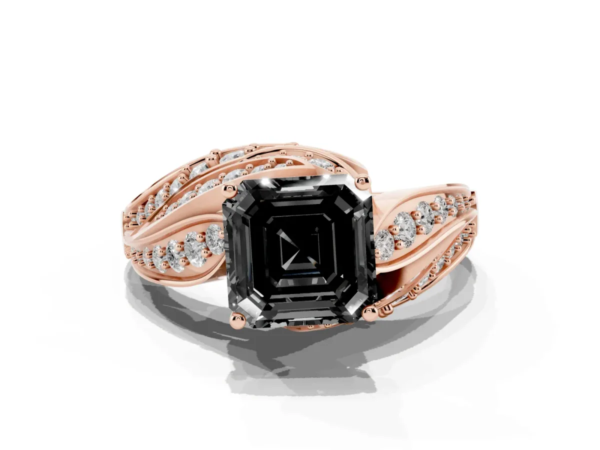 Fancy Black Asscher Cut Diamond Solitaire Ring with Prong Setting and Twisted Pavé Band Rose gold