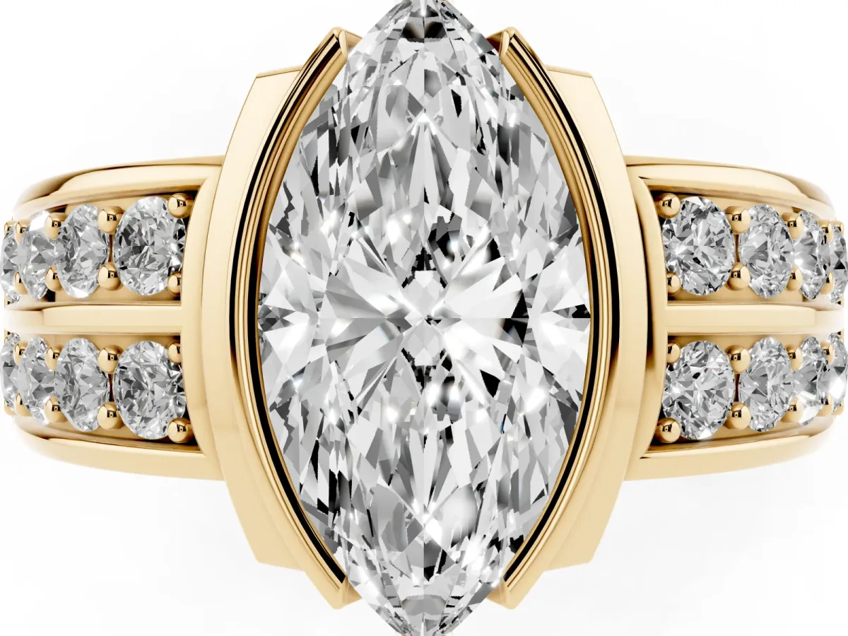 Marquise Cut Brilliant Diamond Channel Set Wide Band Ring with Bezel Setting Yellow gold