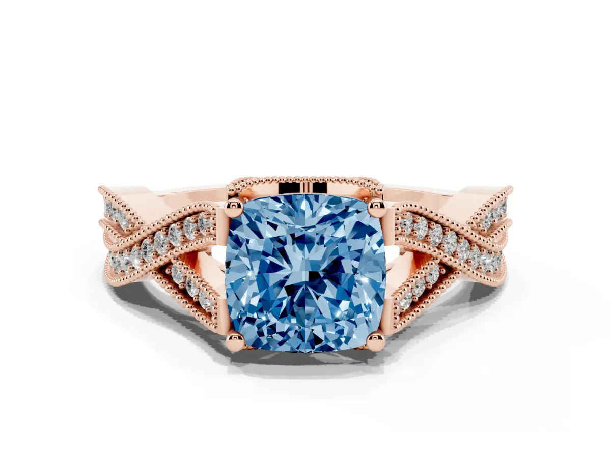 Fancy Blue Cushion Cut Cut Diamond Twisted Band with Milgrain Pave Setting and Four-Prong Setting Rose gold