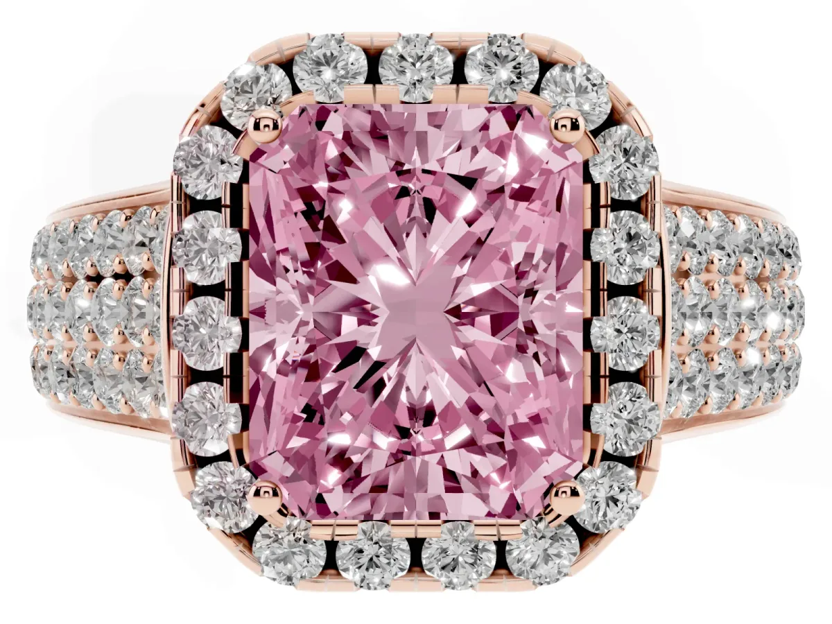 Fancy Pink Radiant Cut Halo Round Diamond Pave Band with Prong Setting Rose gold
