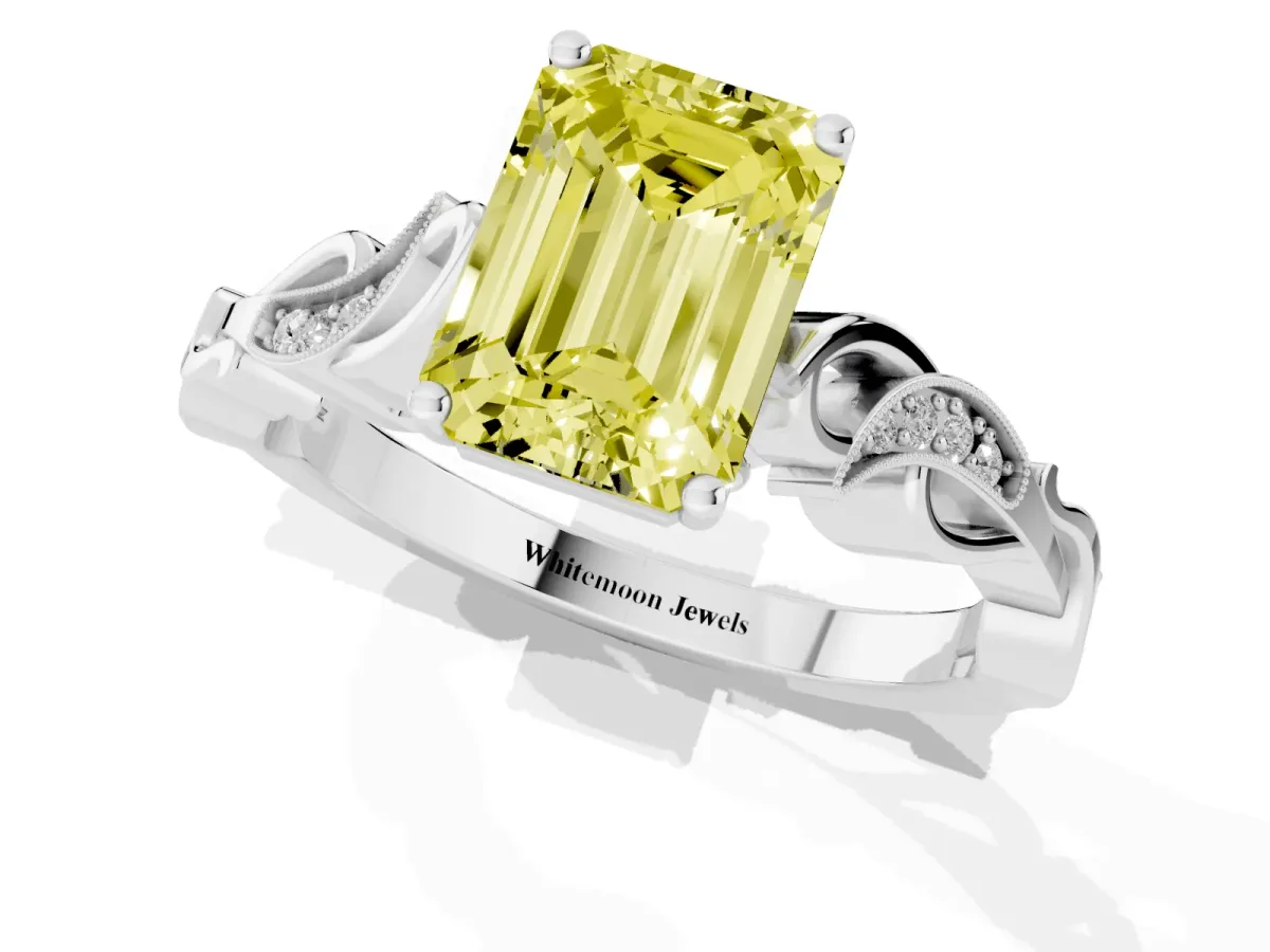 Fancy Yellow Emerald Cut Solitaire Vine Band with Milgrain Prong Setting White gold
