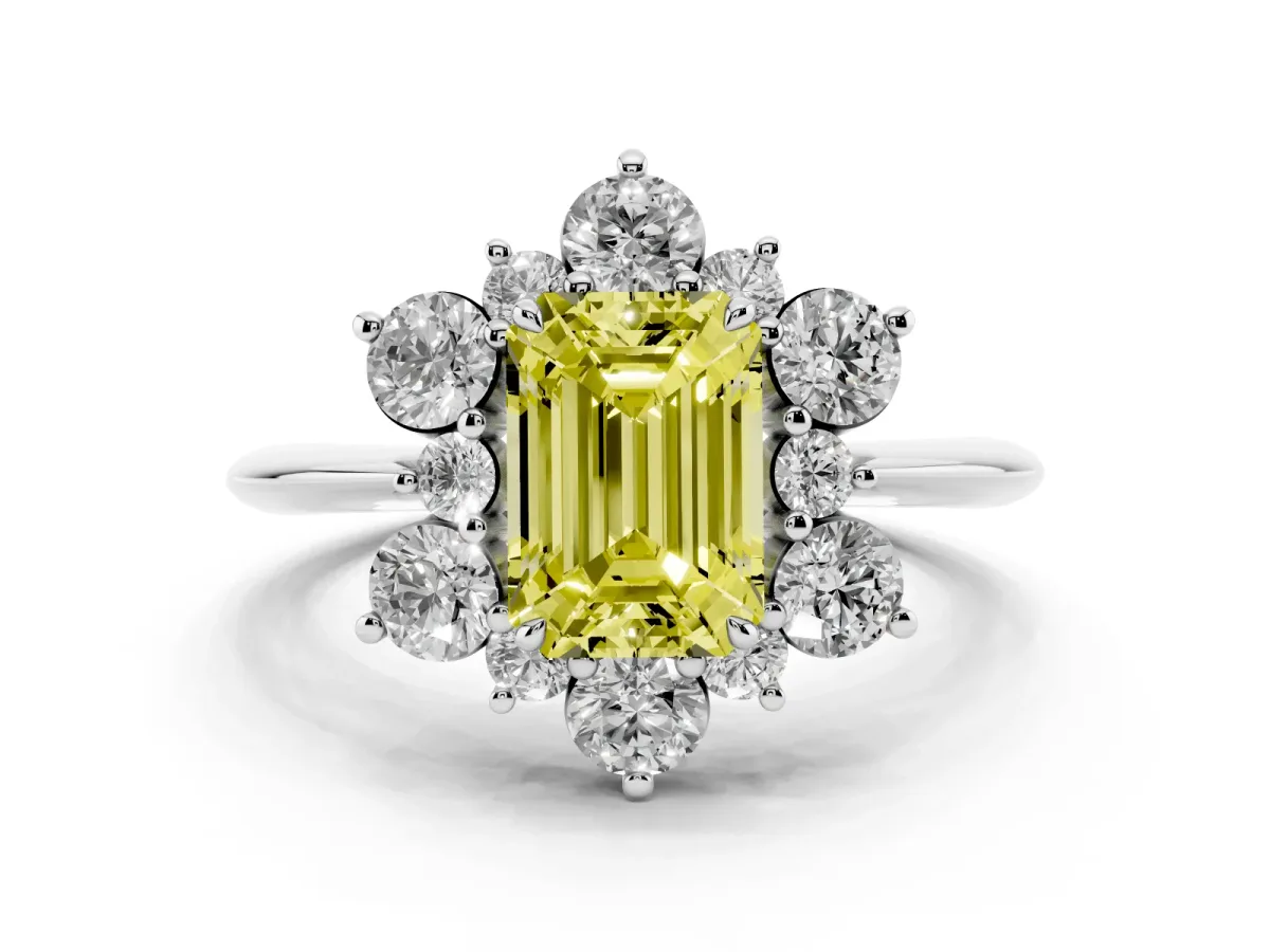Fancy Yellow Emerald Cut Diamond Cluster Halo Ring with Solitaire Band and Four-Prong Setting Platinum