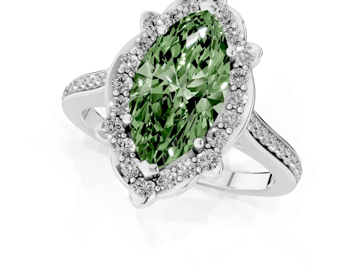 Fancy Green Marquise Cut Halo Round Diamond Pave Band with Four-Prong Setting Platinum