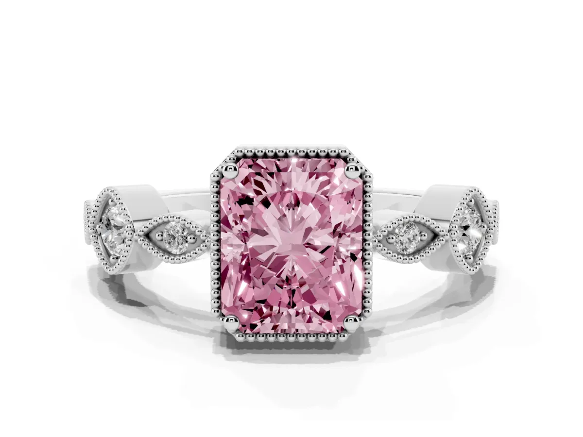 Fancy Pink Radiant Cut Diamond Vintage Milgrain Ring with Round Stations Silver
