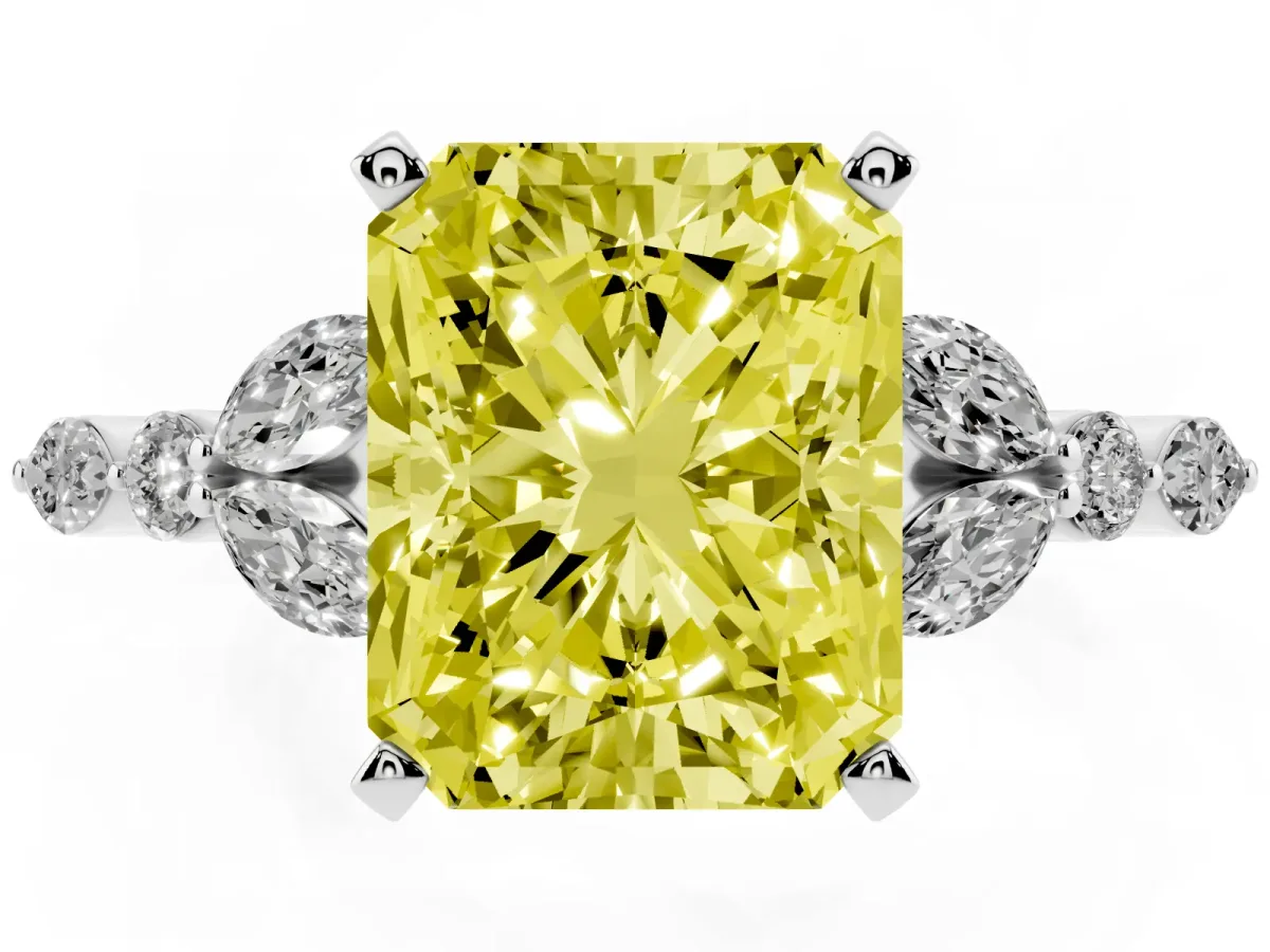 Fancy Yellow Radiant Cut Diamond Solitaire Ring with Side Stones and Four-Prong Setting Silver