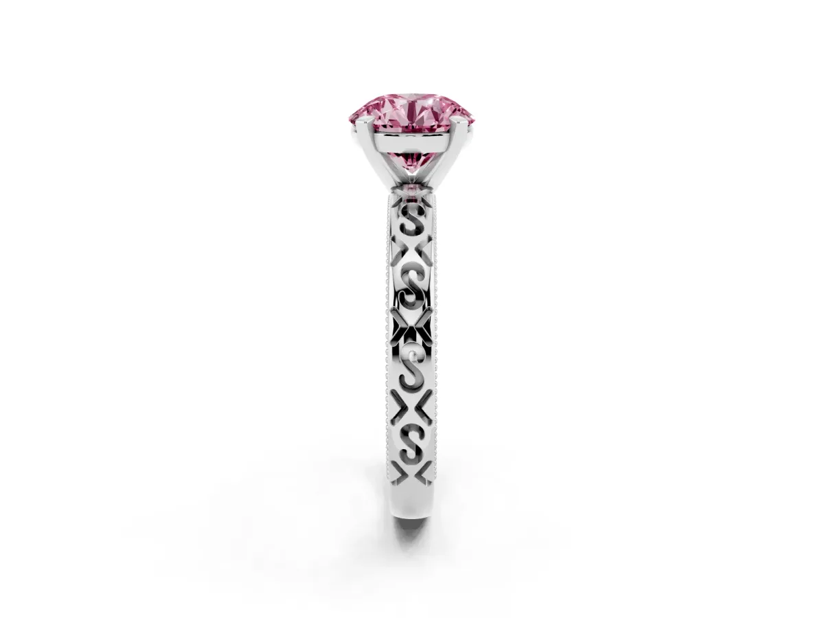 Fancy Pink Round Cut Solitaire Engagement Ring with Scrollwork Band and Four-Prong Setting Silver