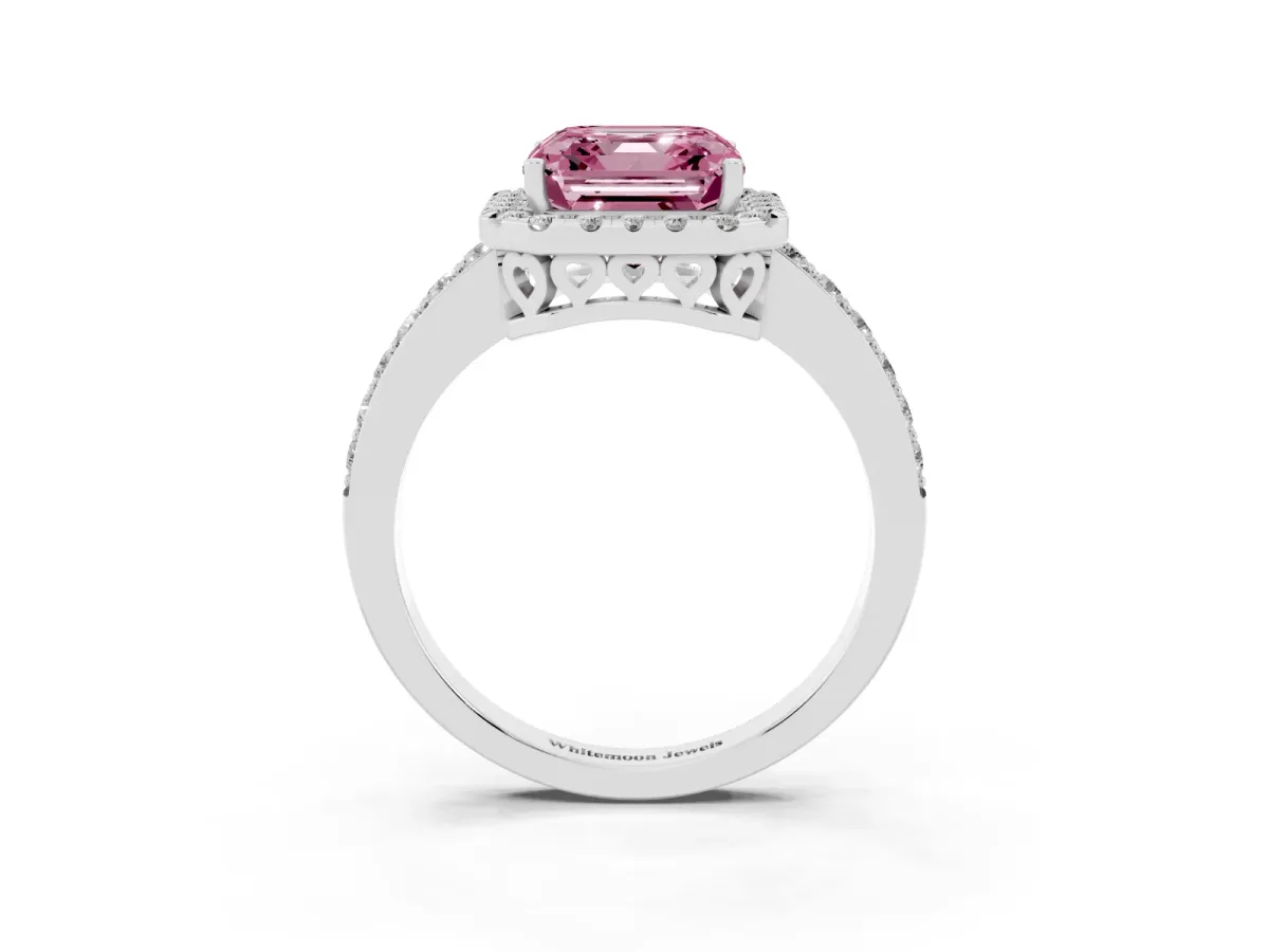 Fancy Pink Asscher Cut Halo Diamond Pavé Band Ring with Prong Setting Silver