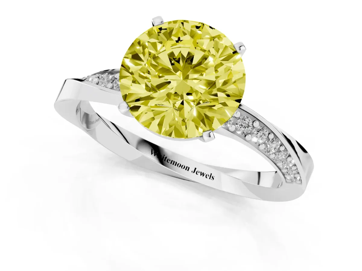 Fancy Yellow Round Cut Diamond Engagement Ring with Side Stone Accents and Four-Prong Setting Platinum