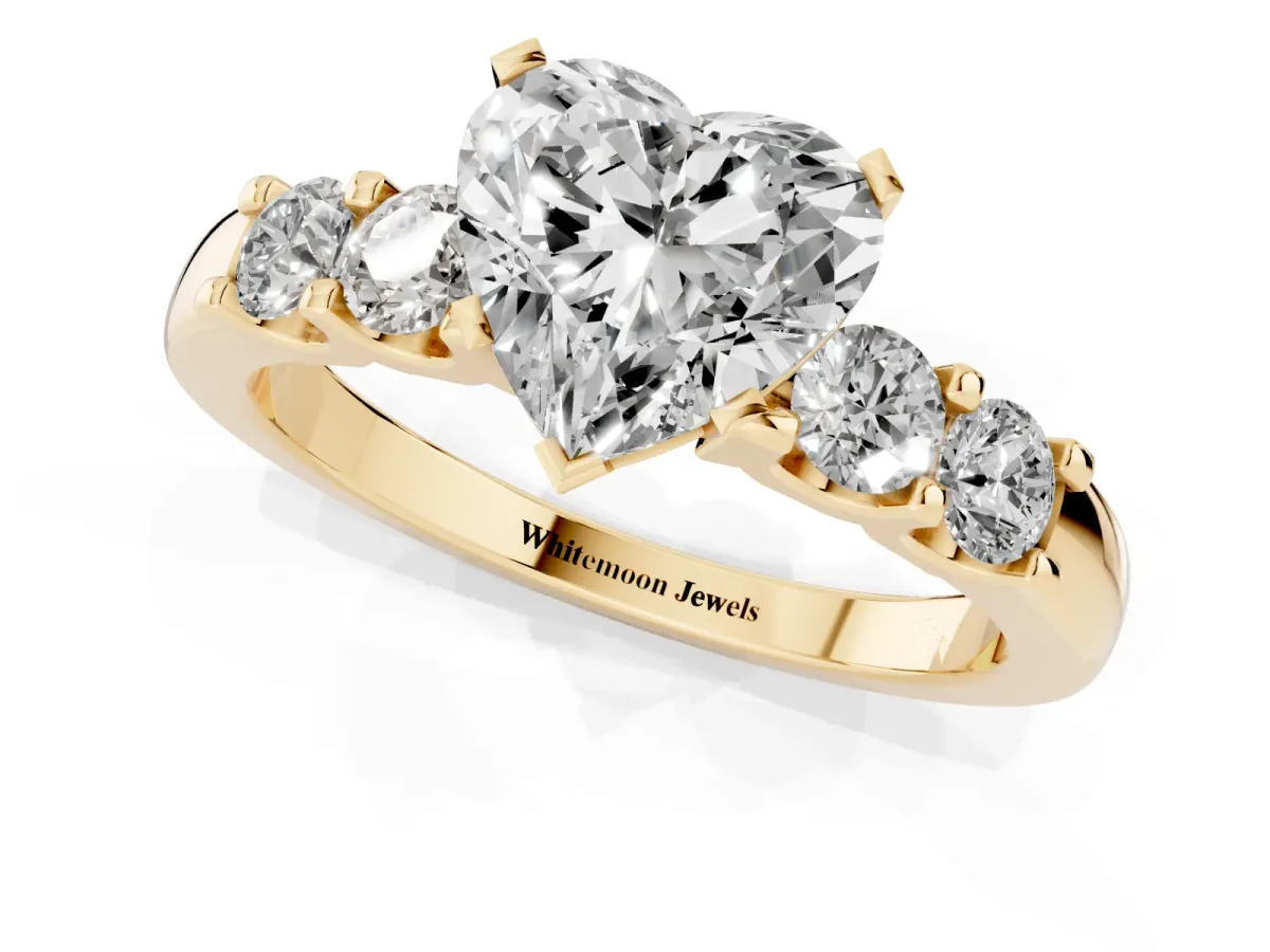 Heart Cut Brilliant Cut Diamond Five-Stone Prong Set Engagement Ring with Channel Band Yellow gold