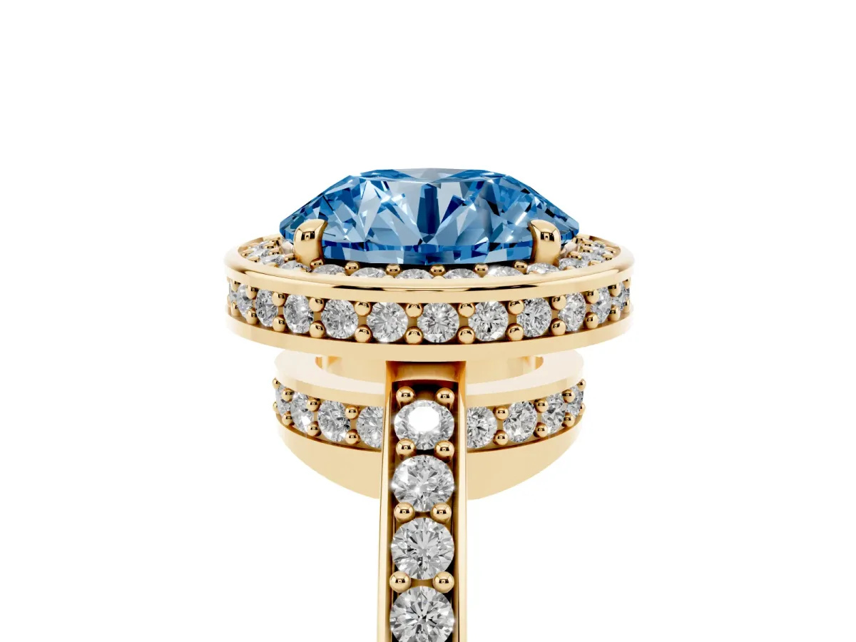 Fancy Blue Round Cut Halo Pave Band Solitaire Ring with Prong Setting Yellow gold