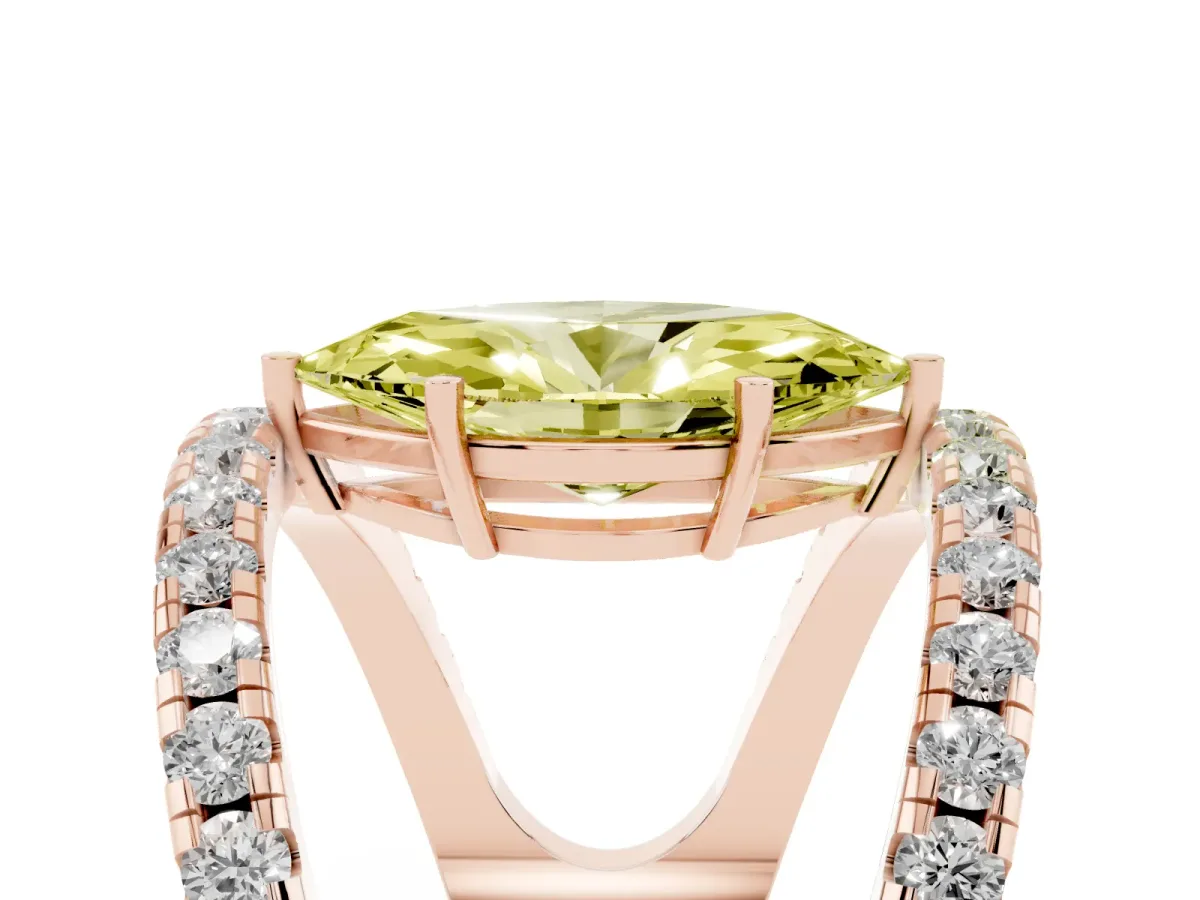 Fancy Yellow Marquise Cut Solitaire Split Shank Pave Diamond Ring Rose gold
