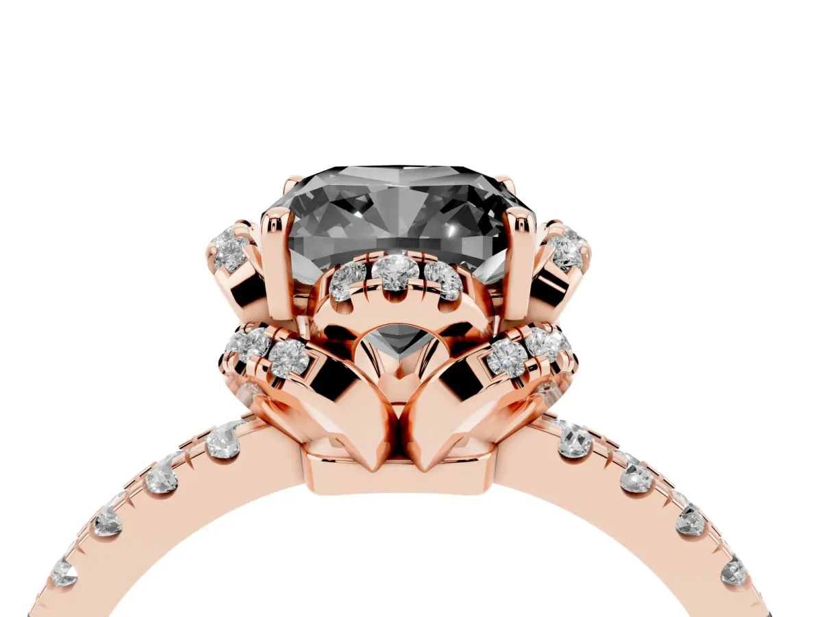 Fancy Black Cushion Cut Diamond Halo Pave Band with Four-Prong Setting Rose gold