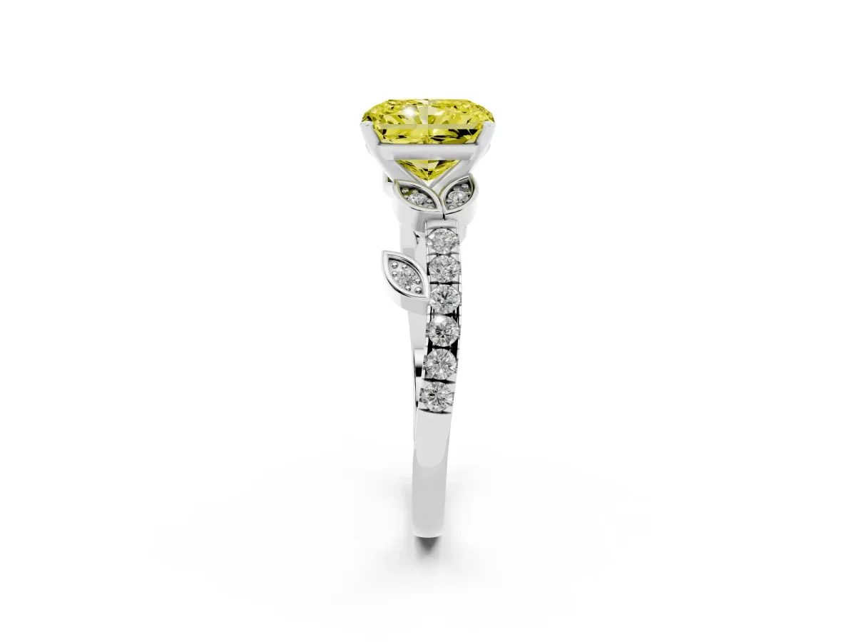 Fancy Yellow Radiant Cut Solitaire Leaf-Inspired Diamond Ring with Pavé Band and Four-Prong Setting Silver