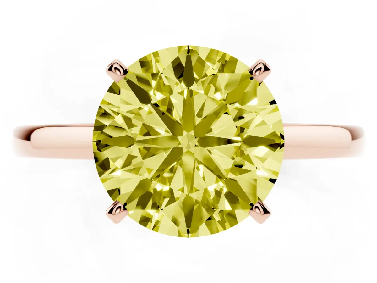 Fancy Yellow Round Cut Solitaire Diamond Engagement Ring with Four-Prong Setting on a Classic Band Rose gold