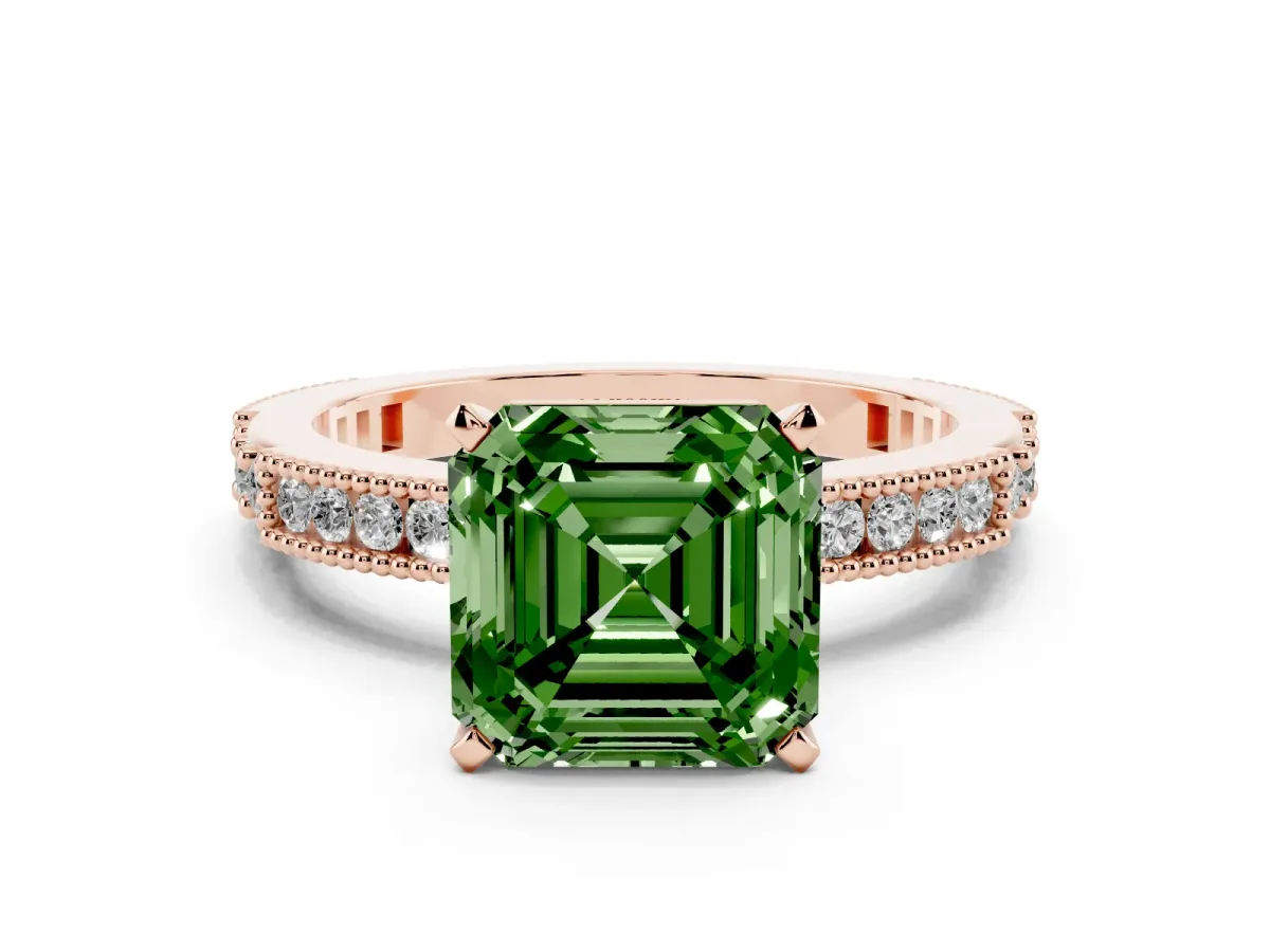 Fancy Green Asscher Cut Solitaire with Pavé Band and Four-Prong Setting Rose gold