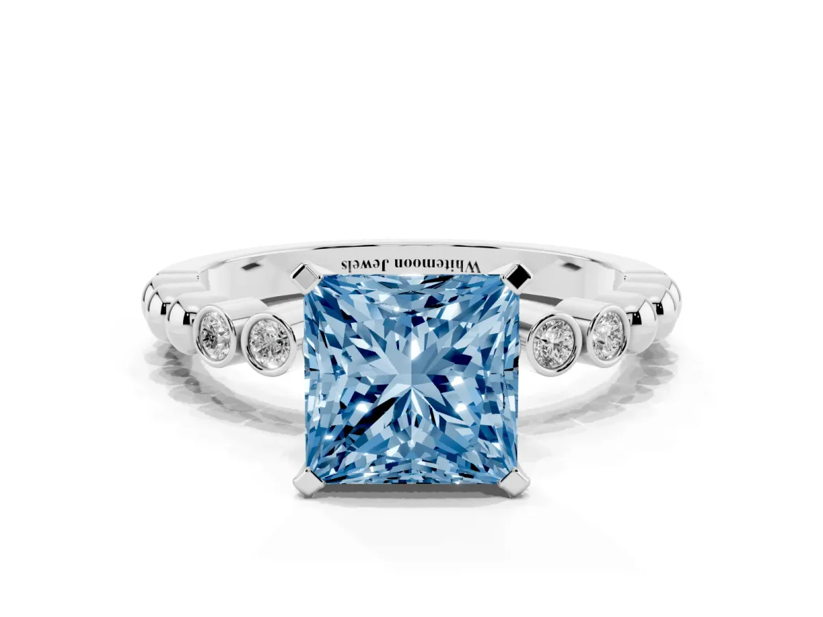 Fancy Blue Princess Cut Solitaire Bezel Accent Diamond Engagement Ring with Beaded Band and Four-Prong Setting Platinum