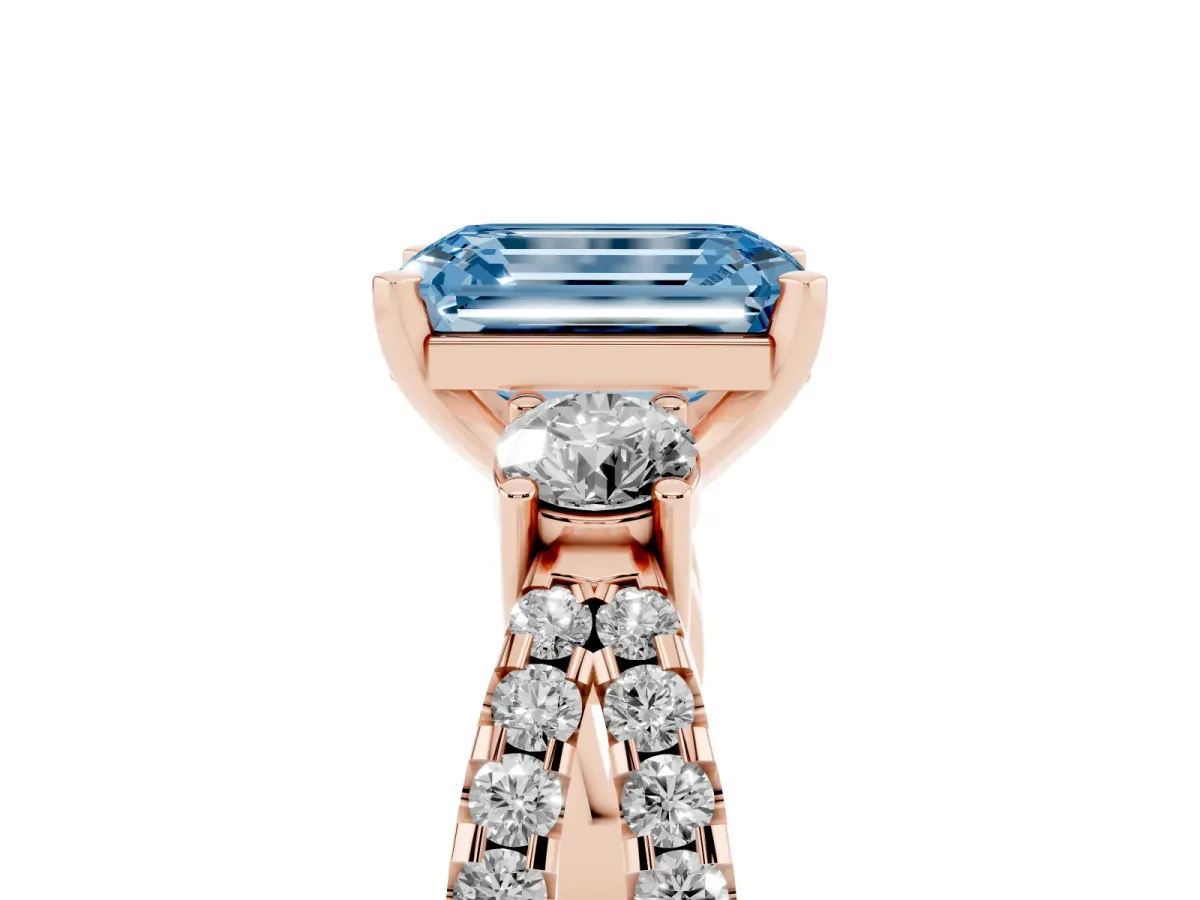 Fancy Blue Emerald Cut Diamond Three-Stone Ring with Pavé Split Shank and Four-Prong Setting Rose gold
