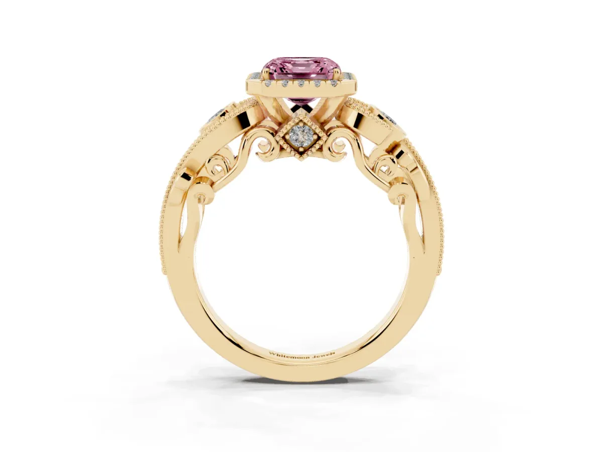 Fancy Pink Asscher Cut Halo Diamond Ring with Milgrain and Bezel Accents on a Split Shank Band Yellow gold