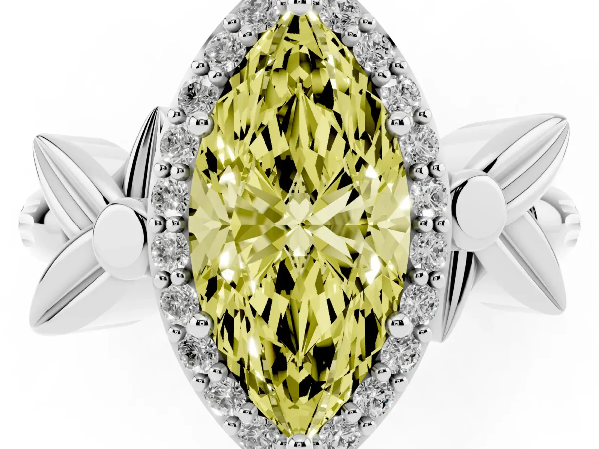 Fancy Yellow Marquise Cut Halo Diamond Floral Band with Four-Prong Setting Platinum