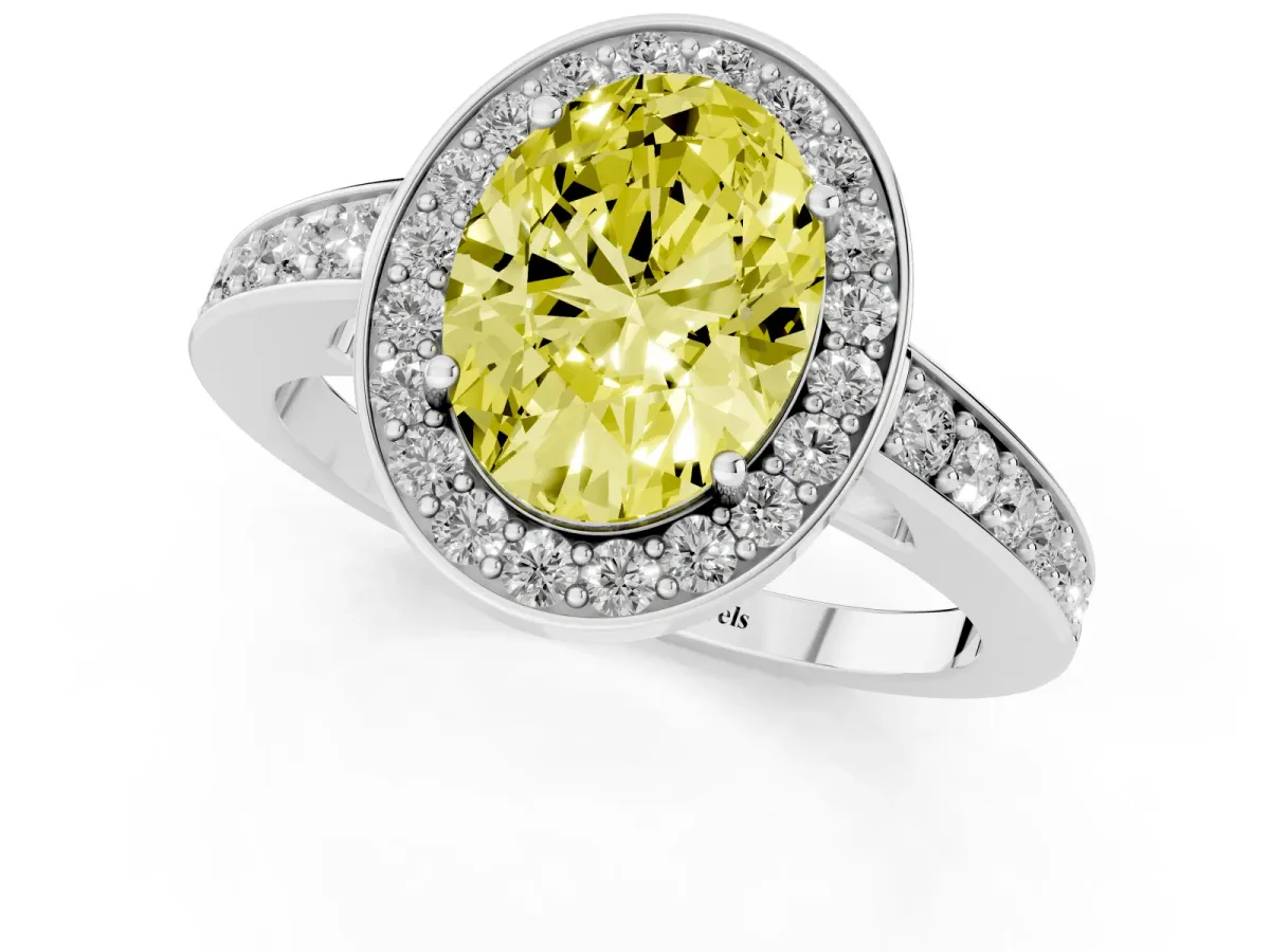 Fancy Yellow Oval Cut Halo Pavé Diamond Engagement Ring with Bezel Setting Silver