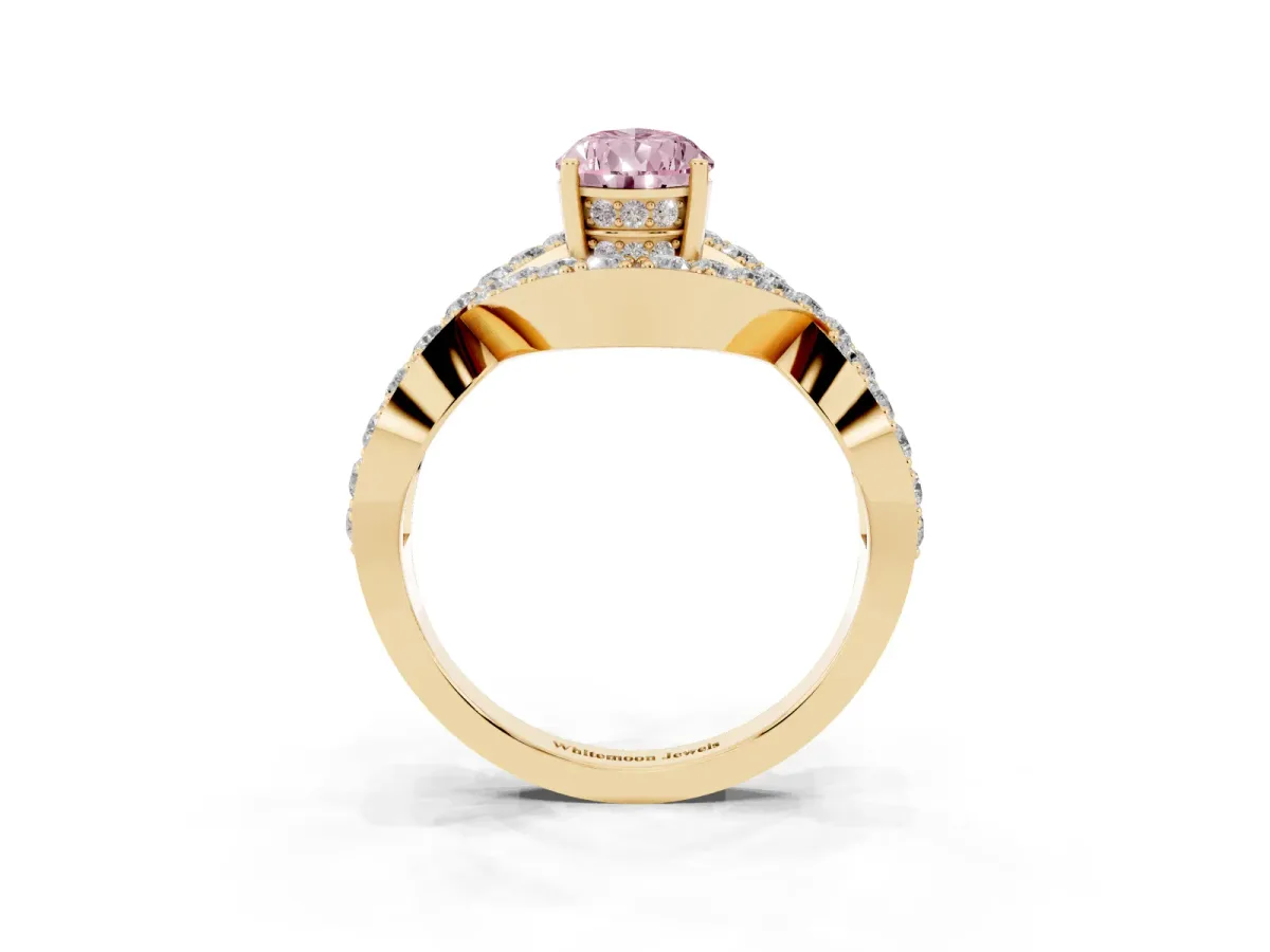 Fancy Pink Pear Cut Solitaire Twist Band Pavé Diamond Engagement Ring Yellow gold