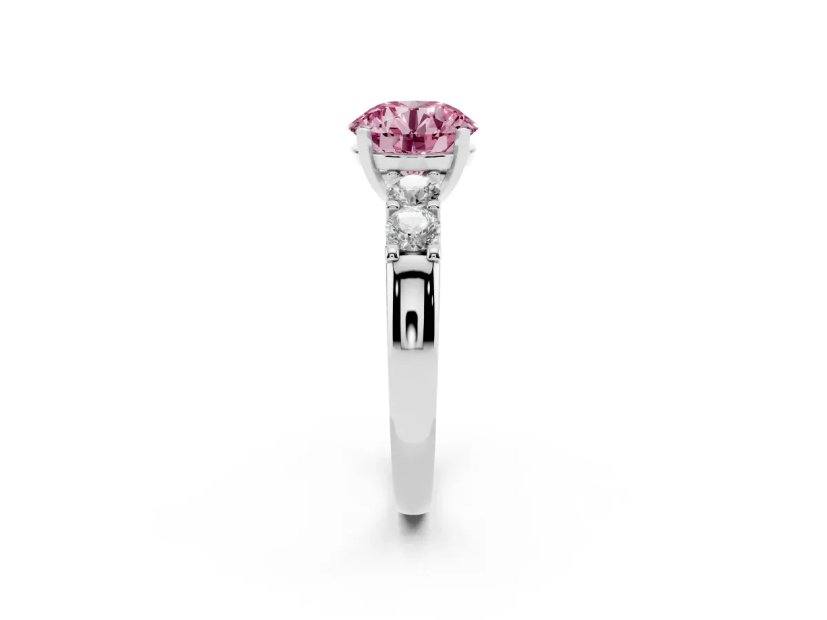 Fancy Pink Round Cut Brilliant Cut Diamond Five-Stone Prong Set Engagement Ring with Channel Band Platinum