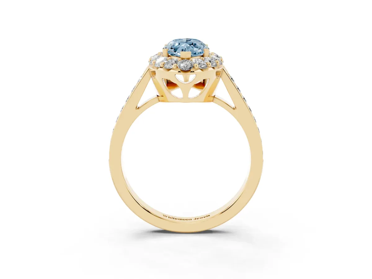 Fancy Blue Marquise Cut Diamond Floral Halo Ring with Pavé Band and Prong Setting Yellow gold