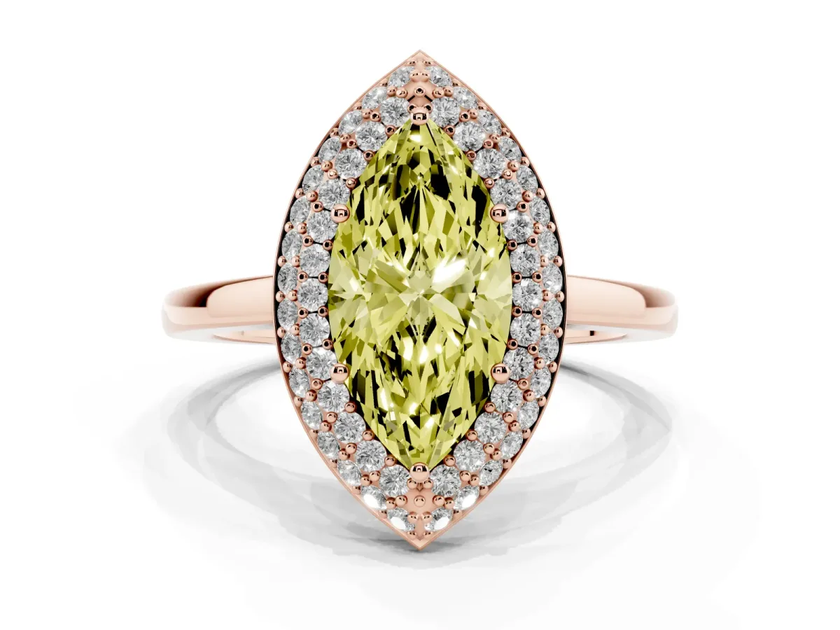 Fancy Yellow Marquise Cut Halo Diamond Engagement Ring with Solitaire Band and Four-Prong Setting Rose gold