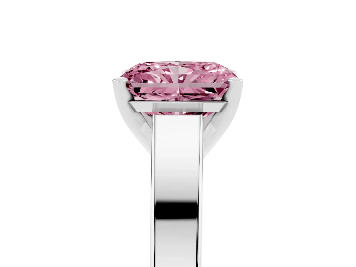 Fancy Pink Radiant Cut Solitaire Engagement Ring with Four-Prong Setting and Tapered Band Silver