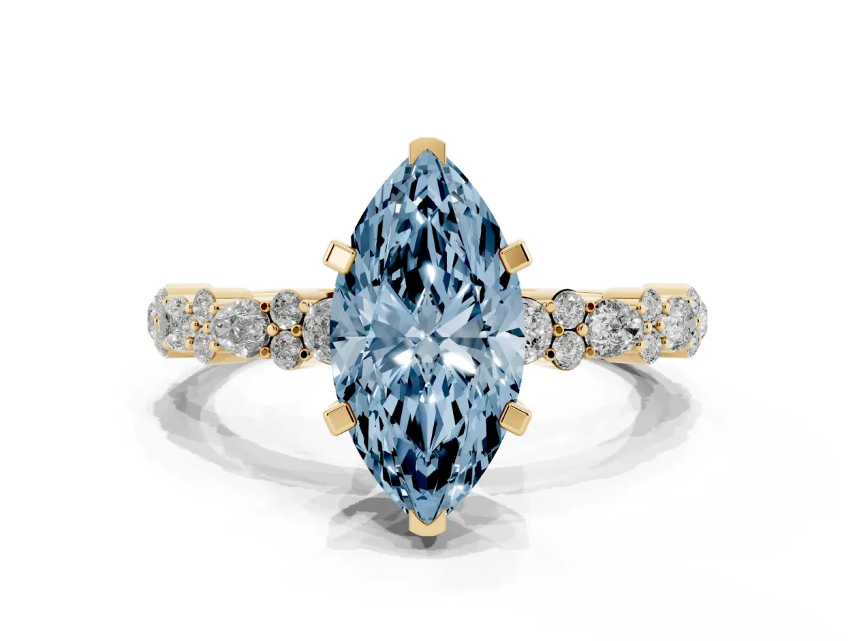 Fancy Blue Marquise Cut Diamond Side Stone Solitaire Ring with Round and Four-Prong Setting Yellow gold