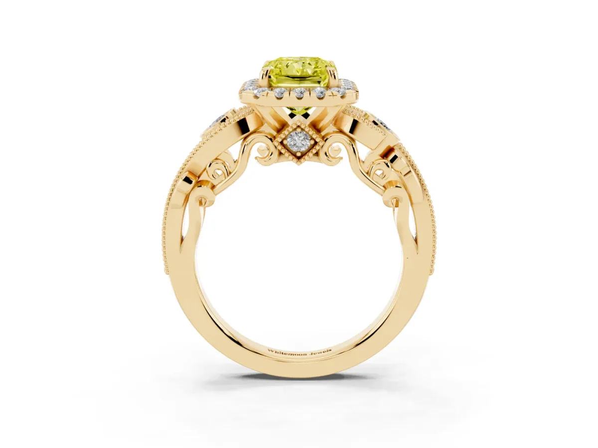 Fancy Yellow Radiant Cut Diamond Halo Ring with Milgrain Pavé Band and Four-Prong Setting Yellow gold