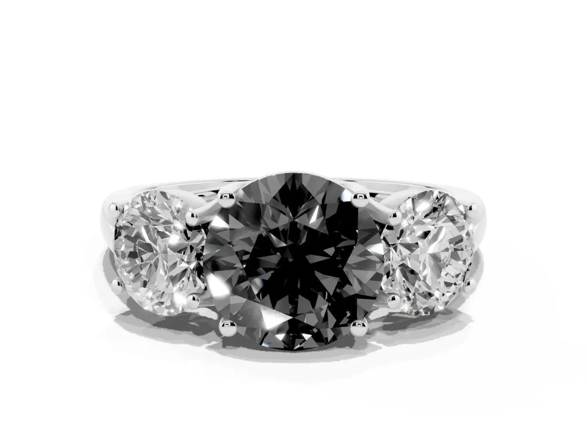 Fancy Black Three-Stone Round Cut Diamond Engagement Ring with Prong Setting Silver