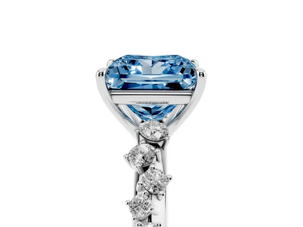 Fancy Blue Princess Cut Diamond Cluster Side Stone Solitaire Ring with Prong Setting Silver