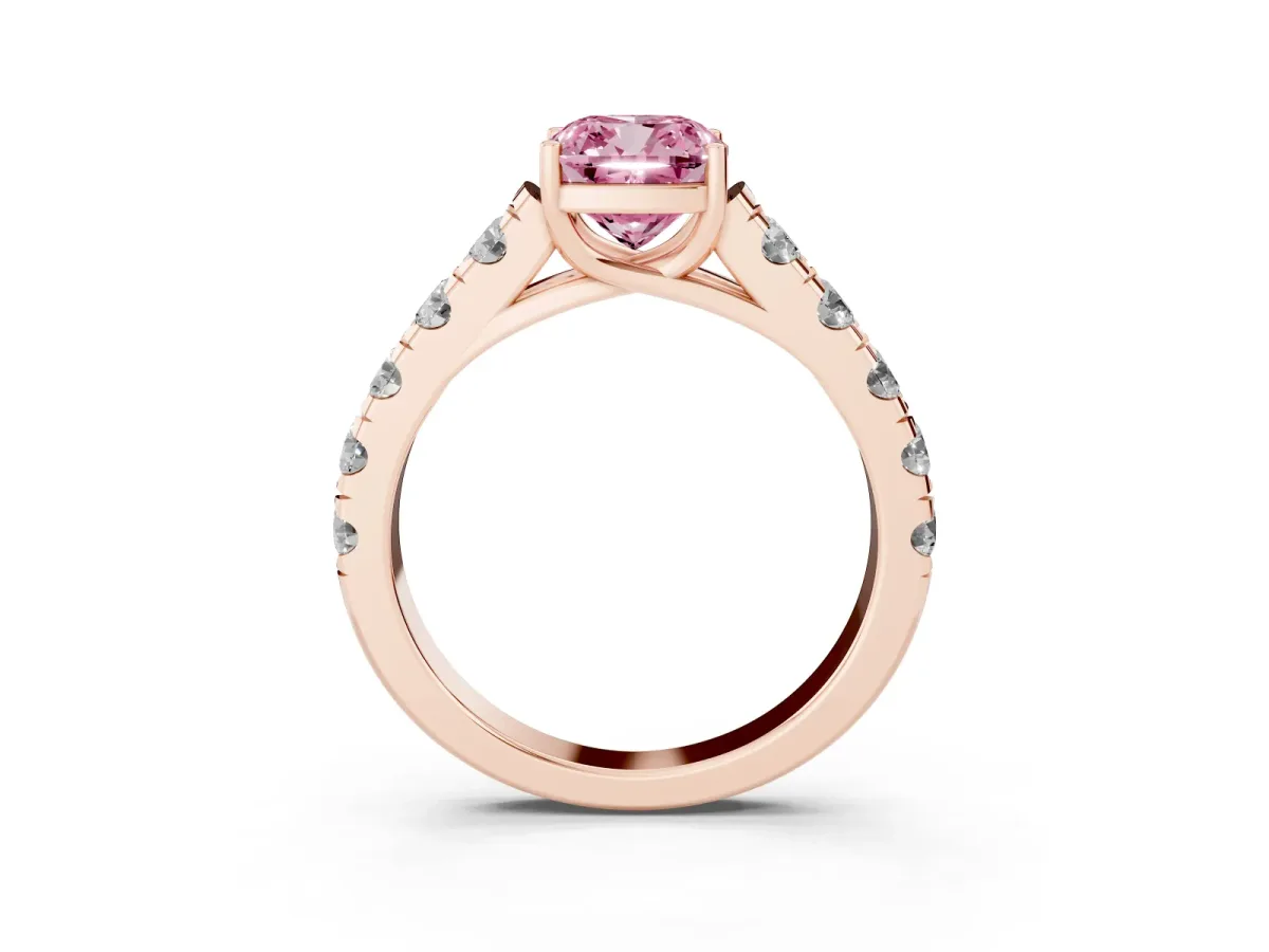 Fancy Pink Cushion Cut Cut Diamond Solitaire Ring with Micro Pave Band and Prong Setting Rose gold