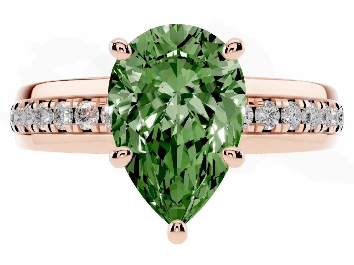 Fancy Green Pear Cut Solitaire Diamond Ring with Channel Set Band and Six-Prong Setting Rose gold