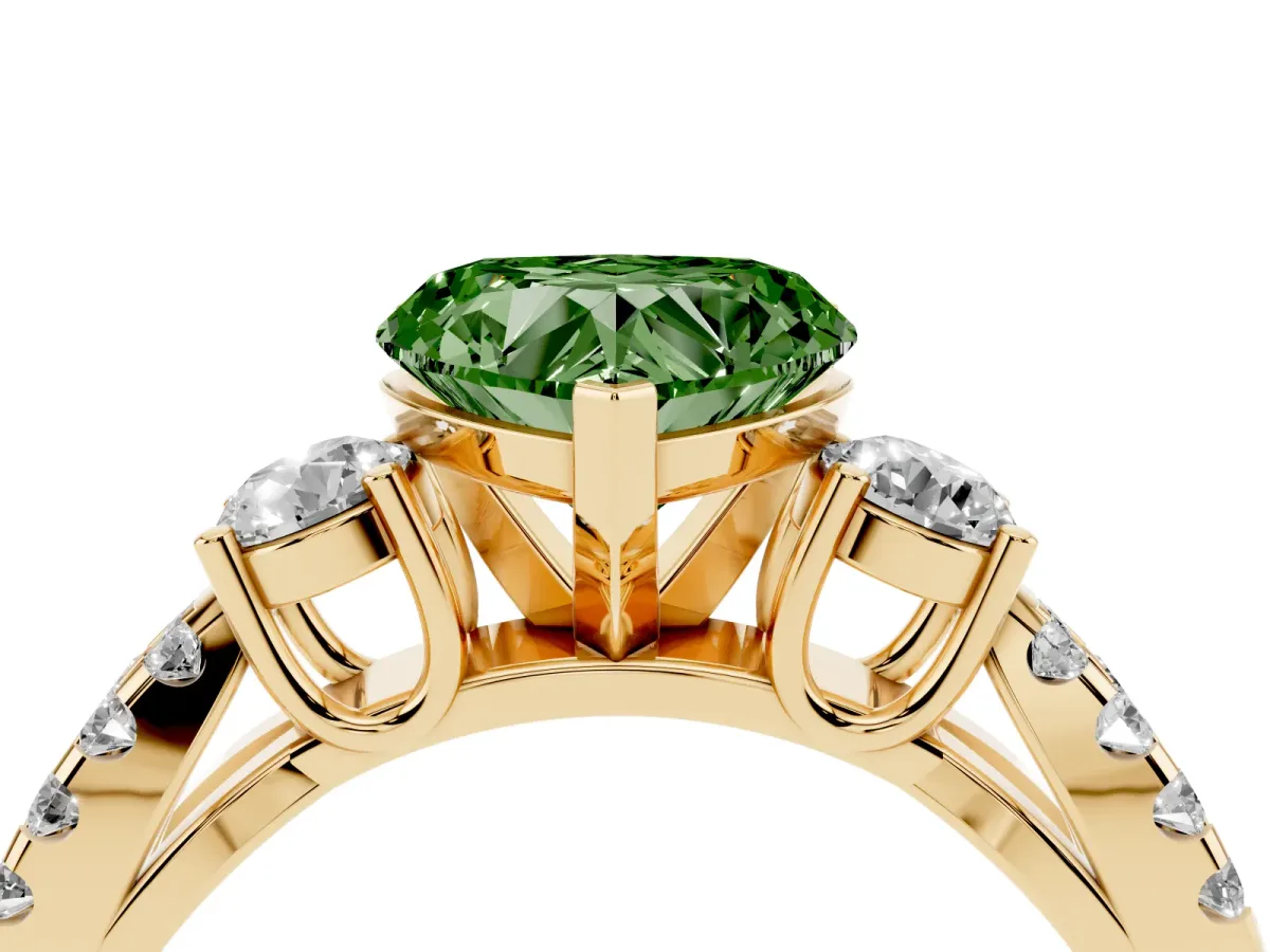 Fancy Green Heart Cut Diamond Three-Stone Ring with Pavé Split Shank and Four-Prong Setting Yellow gold