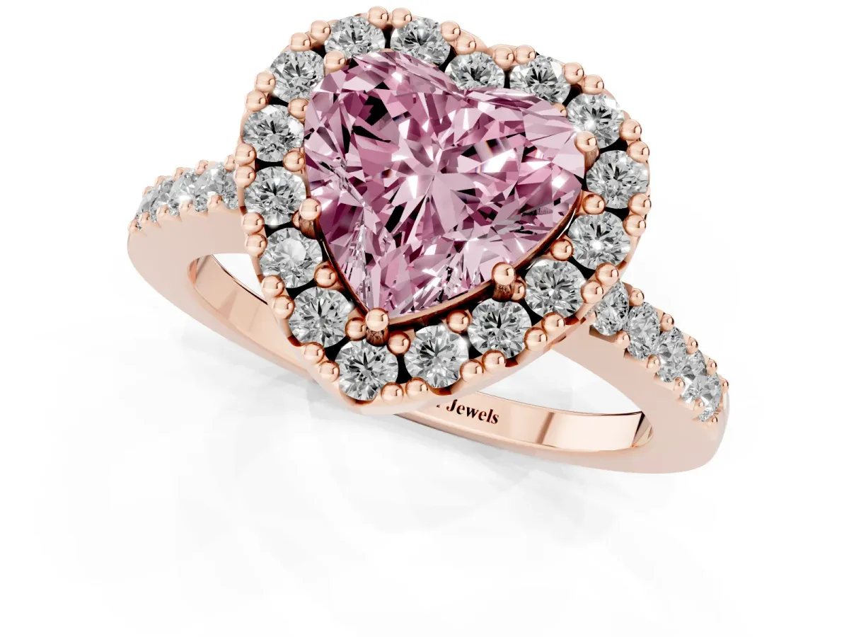 Fancy Pink Heart Cut Halo Diamond Pavé Solitaire Ring Rose gold