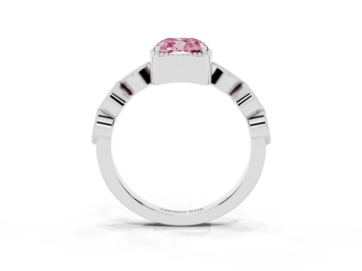 Fancy Pink Cushion Cut Diamond Vintage Milgrain Ring with Round Stations Silver