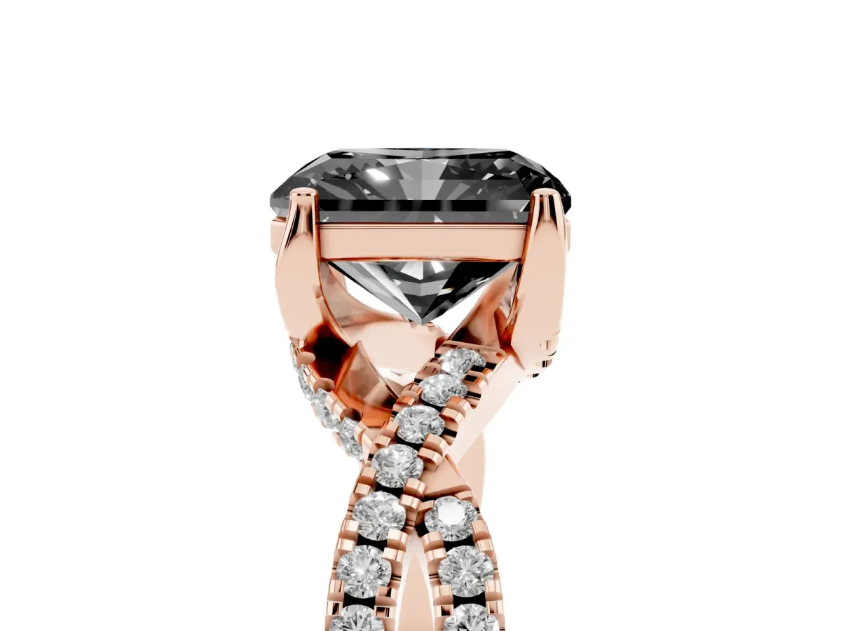 Fancy Black Radiant Cut Solitaire Twist Pave Diamond Engagement Ring with Prong Setting Rose gold