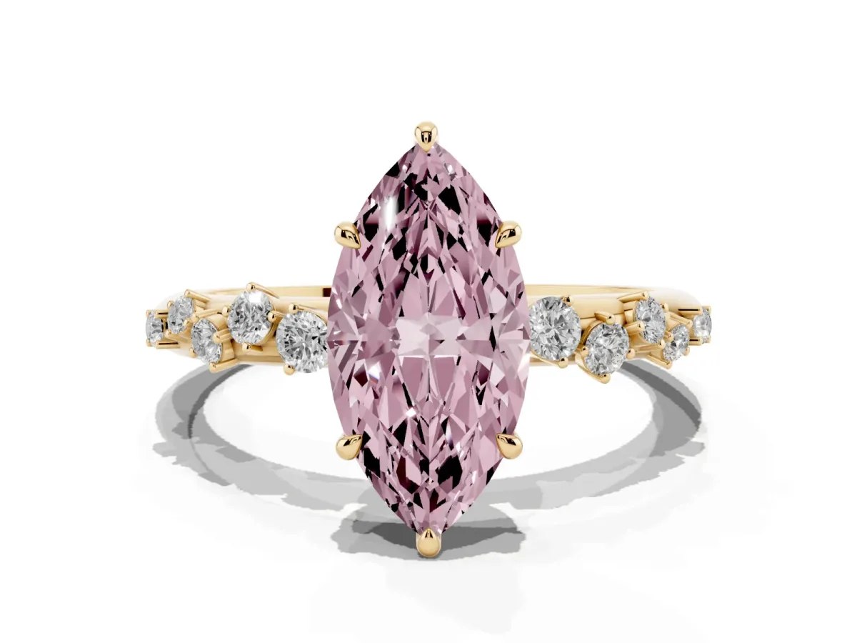Fancy Pink Marquise Cut Diamond Cluster Prong-Set Solitaire Ring Yellow gold