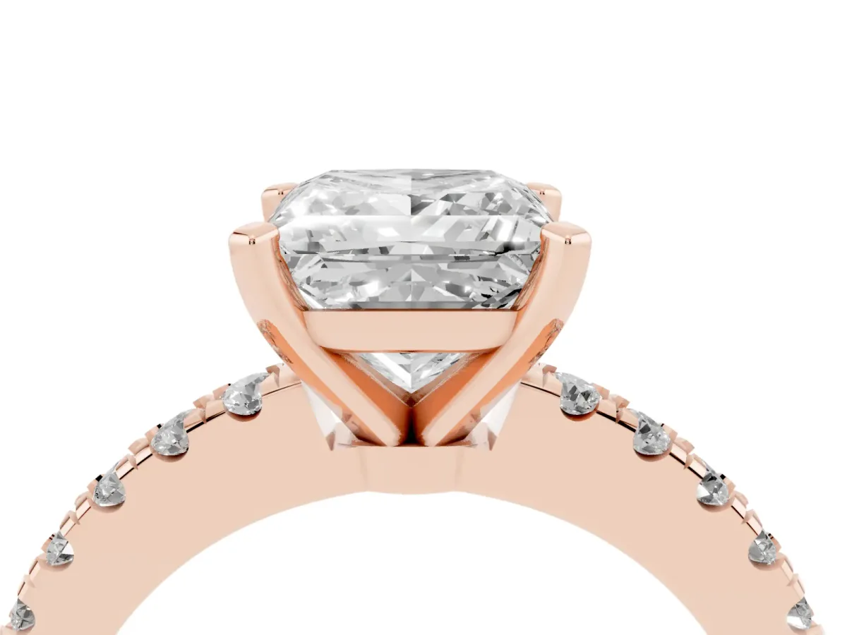 Princess Cut Solitaire Diamond with Pavé Band and Four-Prong Setting Rose gold