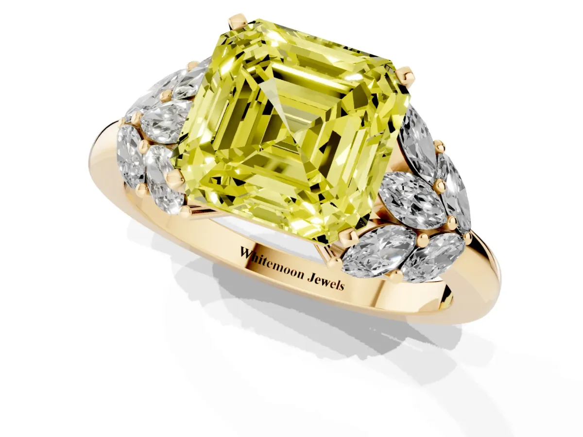 Fancy Yellow Asscher Cut Diamond Cluster Leaf Design Ring with Prong Setting Yellow gold