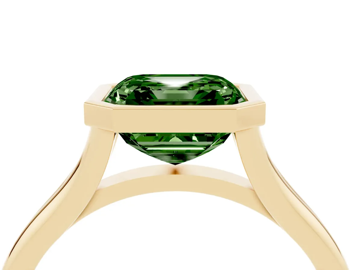 Fancy Green Bezel Set Asscher Cut Cut Solitaire Ring with Tapered Band Yellow gold