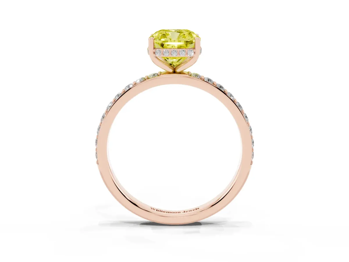 Fancy Yellow Cushion Cut Diamond Solitaire Ring with Pavé Band and Hidden Halo Rose gold