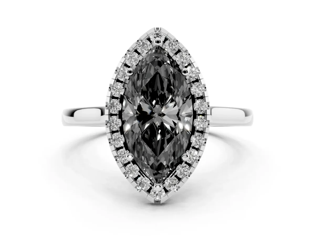 Fancy Black Marquise Cut Halo Round Diamond Solitaire Ring with Pavé Band and Four-Prong Setting Silver